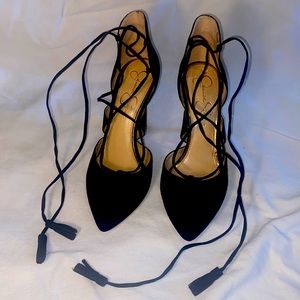 Jessica Simpson black pointed lace up heels.